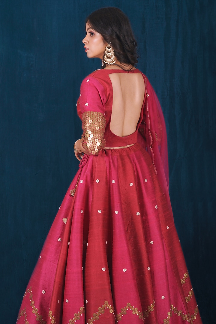 Pink Raw Silk Nakshi Embroidered Wedding Lehenga Set by SAUBHAGYA at Pernia's Pop Up Shop