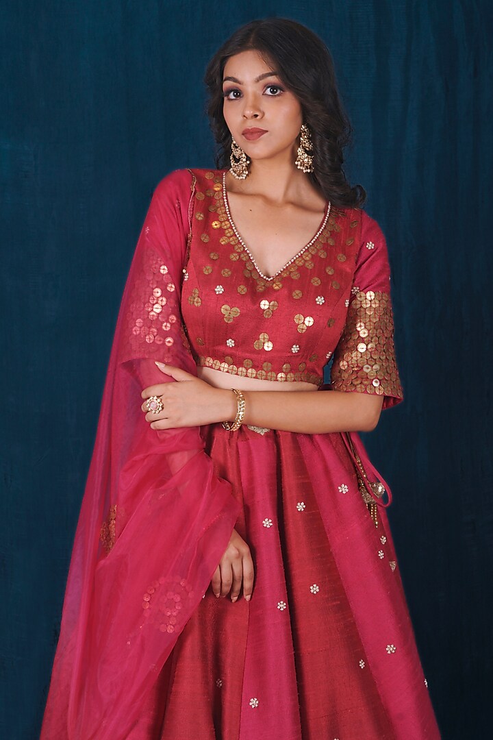 Pink Raw Silk Nakshi Embroidered Wedding Lehenga Set by SAUBHAGYA at Pernia's Pop Up Shop