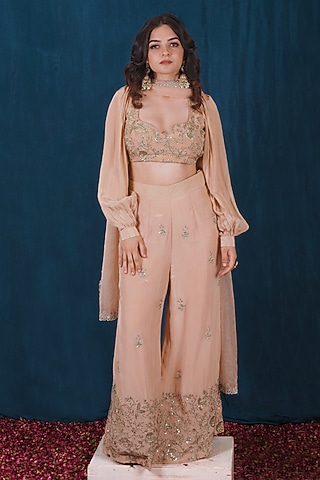Beige Viscose Crepe High-Waisted Pant Set by SAUBHAGYA