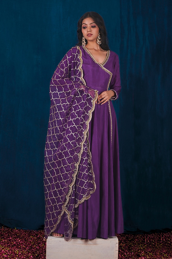 Purple Opada Silk Dabka Embroidered Anarkali Set by SAUBHAGYA