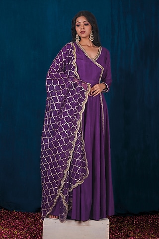 Purple Opada Silk Dabka Embroidered Anarkali Set by SAUBHAGYA