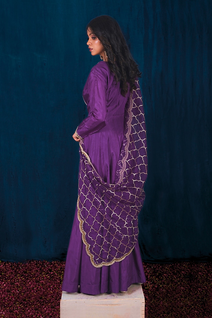 Purple Opada Silk Dabka Embroidered Wedding Anarkali Set by SAUBHAGYA at Pernia's Pop Up Shop