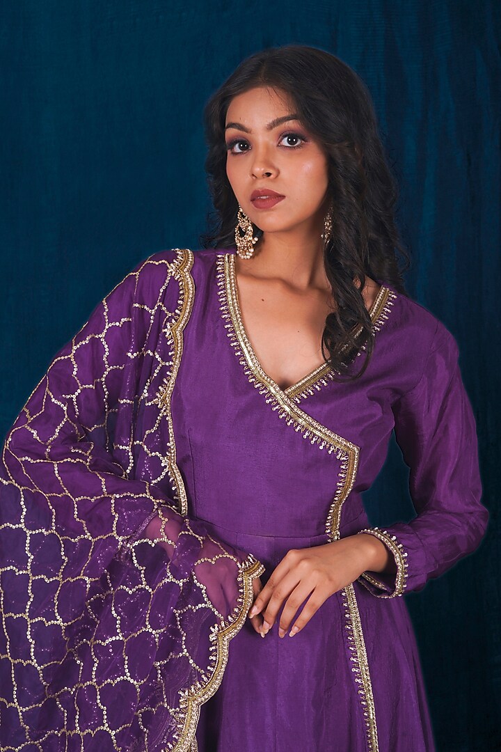 Purple Opada Silk Dabka Embroidered Wedding Anarkali Set by SAUBHAGYA at Pernia's Pop Up Shop