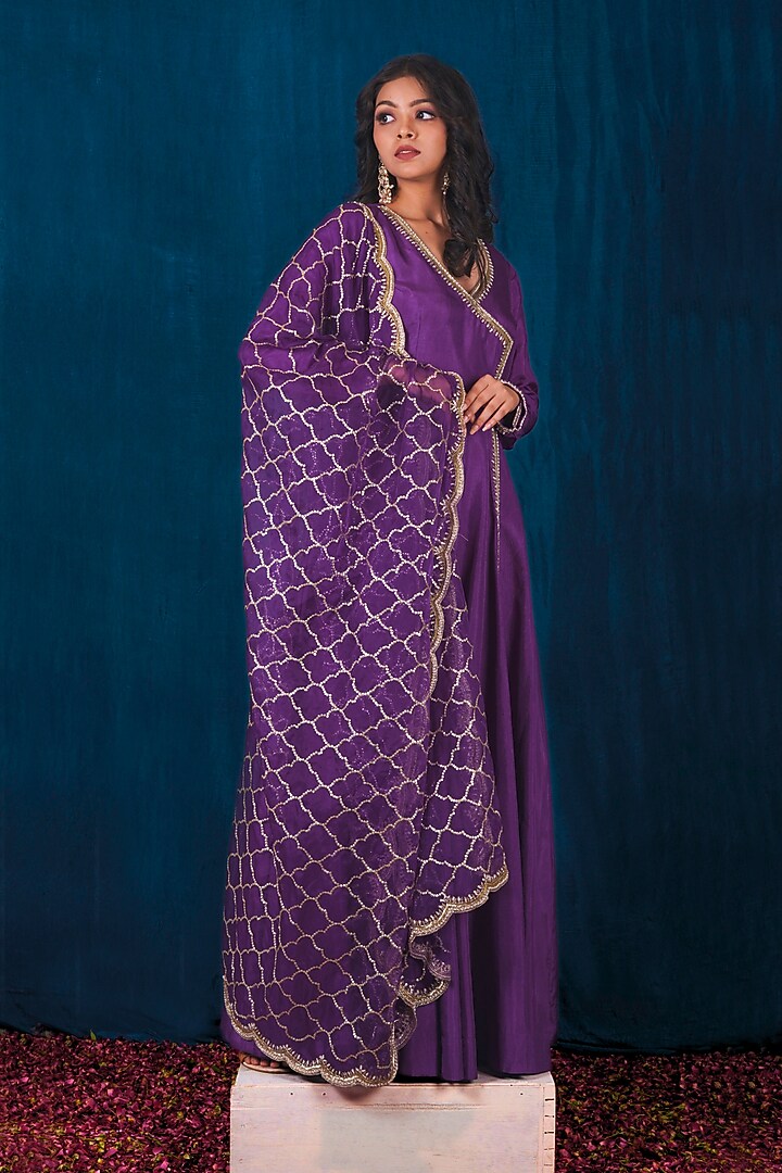 Purple Opada Silk Dabka Embroidered Wedding Anarkali Set by SAUBHAGYA at Pernia's Pop Up Shop
