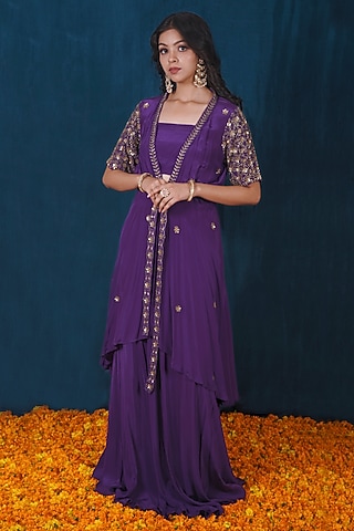 Purple Viscose Crepe Dabka Embroidered Cape Set by SAUBHAGYA