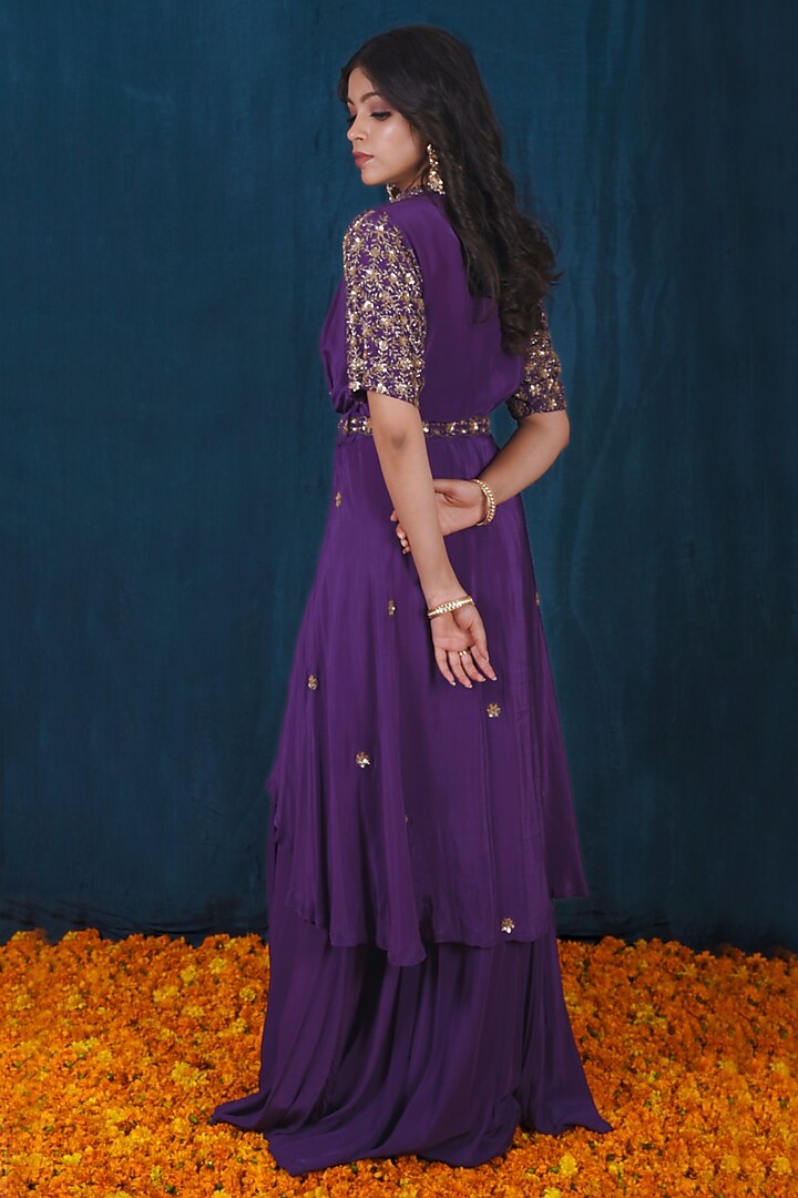 Purple Viscose Crepe Dabka Embroidered Cape Set by SAUBHAGYA at Pernia's Pop Up Shop