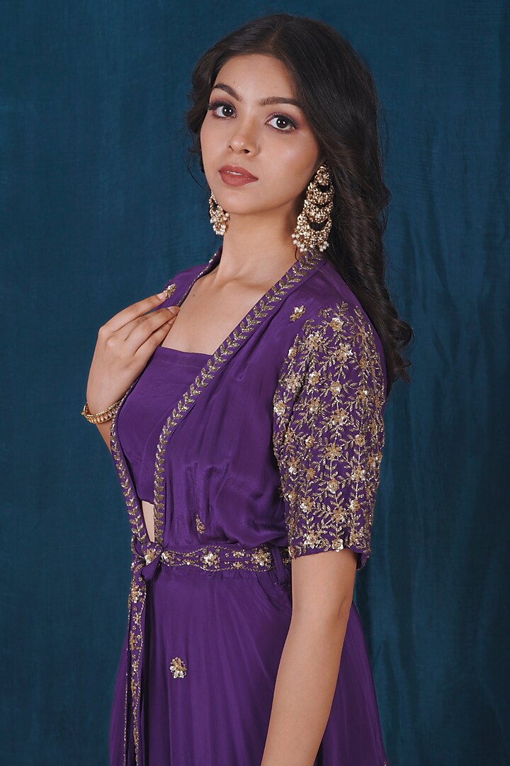 Purple Viscose Crepe Dabka Embroidered Cape Set by SAUBHAGYA at Pernia's Pop Up Shop
