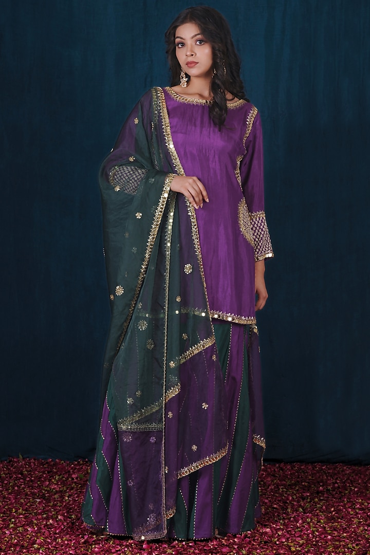Purple & Green Opada Silk Sharara Set by SAUBHAGYA