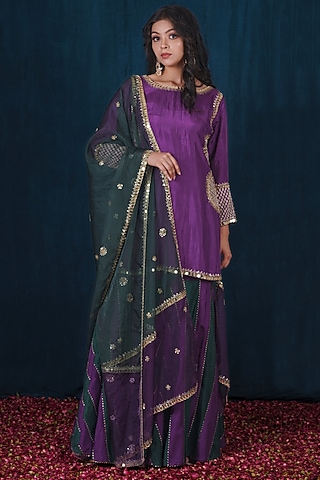 Purple & Green Opada Silk Sharara Set by SAUBHAGYA