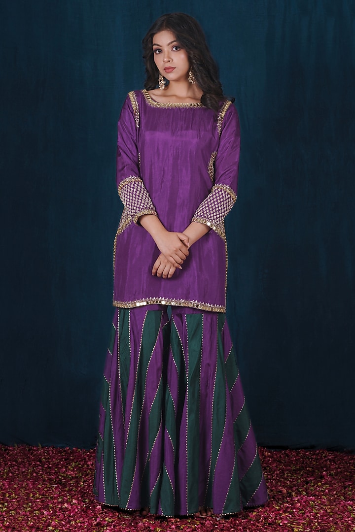 Purple & Green Opada Silk Wedding Sharara Set by SAUBHAGYA at Pernia's Pop Up Shop