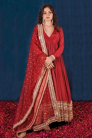 Red Opada Silk Gots Embroidered Anarkali Set by SAUBHAGYA