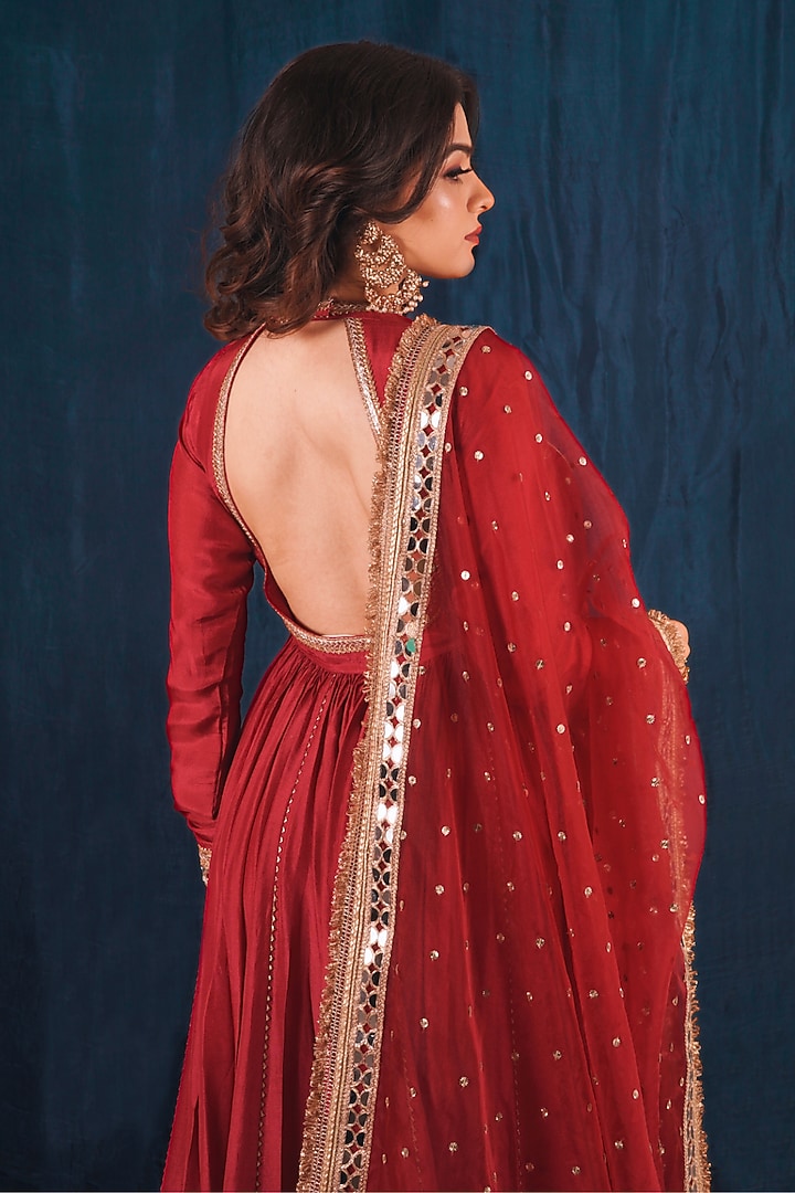 Red Opada Silk Gots Embroidered Wedding Anarkali Set by SAUBHAGYA at Pernia's Pop Up Shop