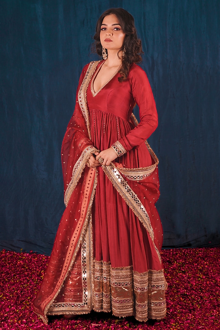 Red Opada Silk Gots Embroidered Wedding Anarkali Set by SAUBHAGYA at Pernia's Pop Up Shop