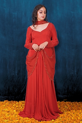 Red Viscose Crepe Anarkali Set by SAUBHAGYA
