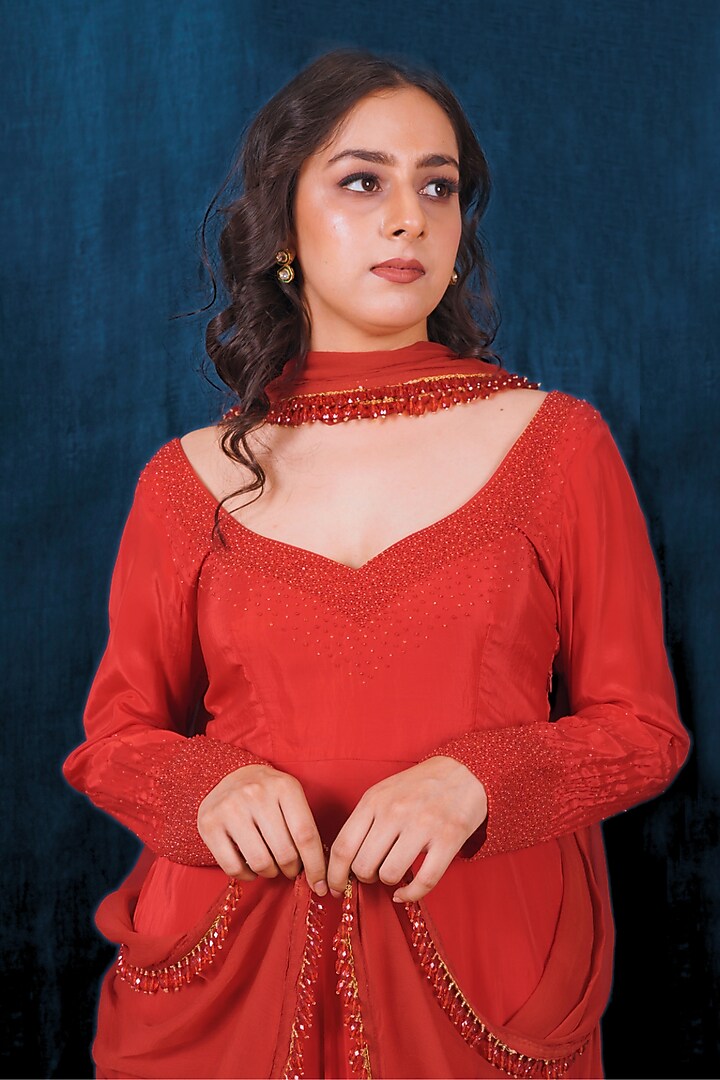 Red Viscose Crepe Party Wear Anarkali Set by SAUBHAGYA at Pernia's Pop Up Shop