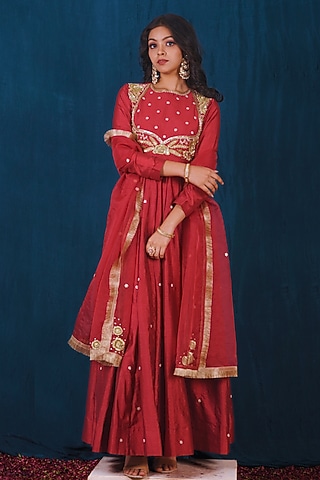 Red Dupion Silk Zari Embroidered Anarkali Set by SAUBHAGYA