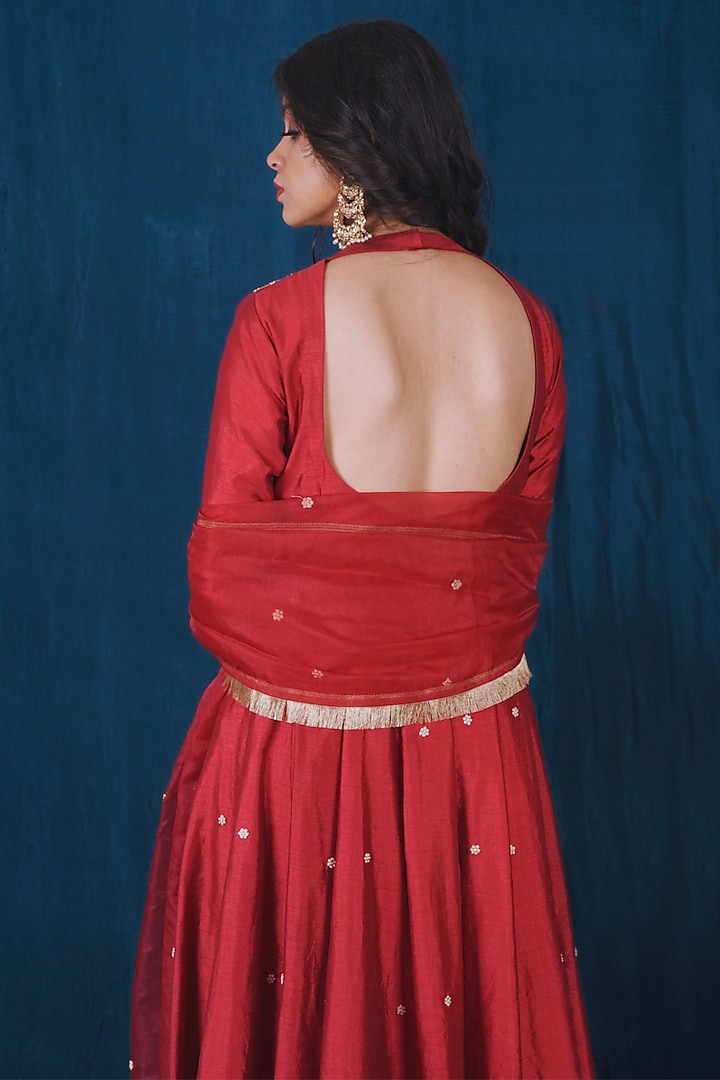Red Dupion Silk Zari Embroidered Wedding Anarkali Set by SAUBHAGYA at Pernia's Pop Up Shop