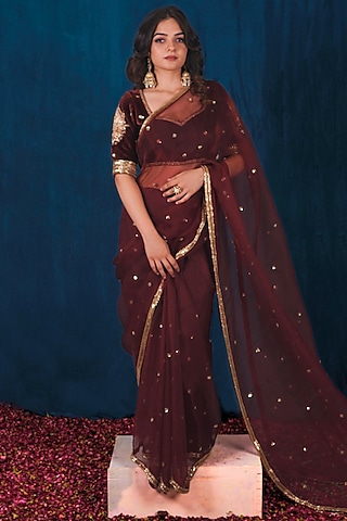 Maroon Silk Organza Dabka Embroidered Saree Set by SAUBHAGYA