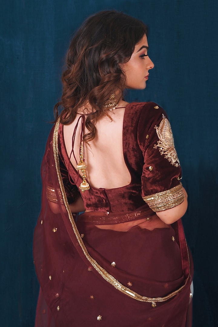 Maroon Silk Organza Dabka Embroidered Wedding Saree Set by SAUBHAGYA at Pernia's Pop Up Shop