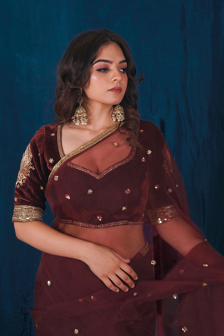 Maroon Silk Organza Dabka Embroidered Wedding Saree Set by SAUBHAGYA at Pernia's Pop Up Shop