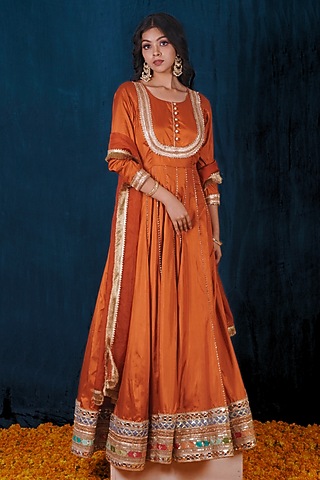 Rust Orange Milan Taffeta Silk Gota Embroidered Anarkali Set by SAUBHAGYA