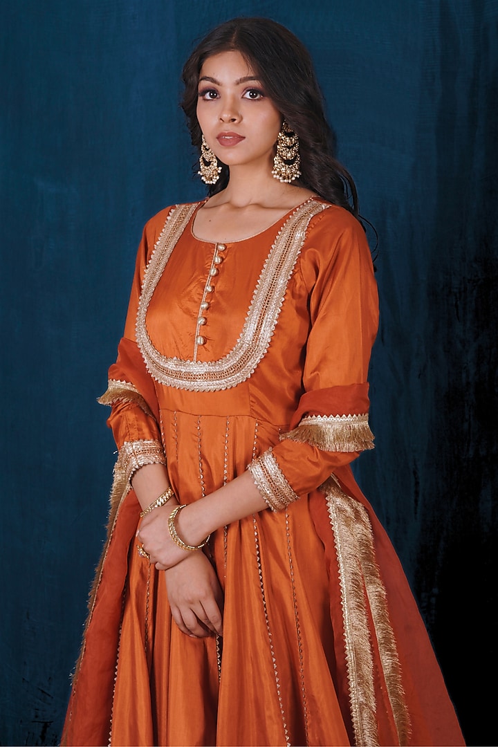 Rust Orange Milan Taffeta Silk Gota Embroidered Party Wear Anarkali Set by SAUBHAGYA at Pernia's Pop Up Shop