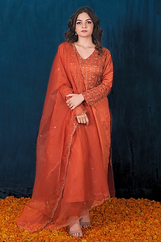Rust Orange Milan Taffeta Silk Gota Embroidered Kurta Set by SAUBHAGYA