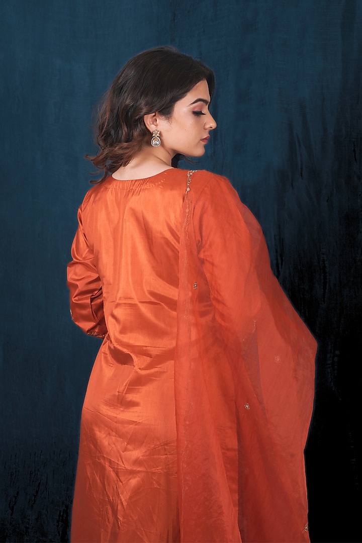 Rust Orange Milan Taffeta Silk Gota Embroidered Kurta Set by SAUBHAGYA at Pernia's Pop Up Shop