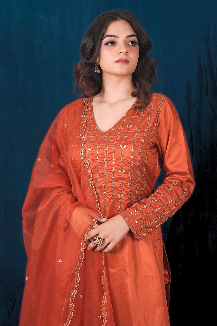Rust Orange Milan Taffeta Silk Gota Embroidered Kurta Set by SAUBHAGYA at Pernia's Pop Up Shop