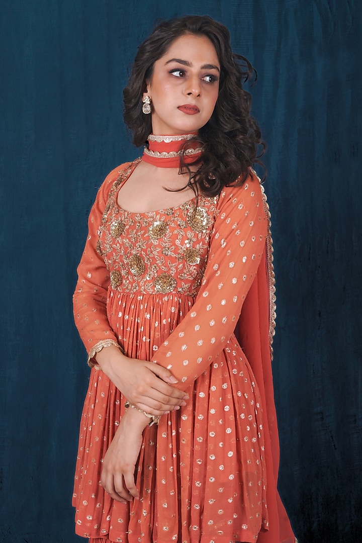Rust Orange Banarasi Georgette Wedding Sharara Set by SAUBHAGYA at Pernia's Pop Up Shop