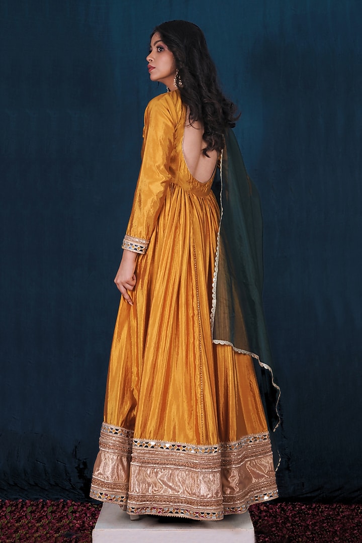 Yellow Milan Taffeta Silk Party Wear Anarkali Set by SAUBHAGYA at Pernia's Pop Up Shop