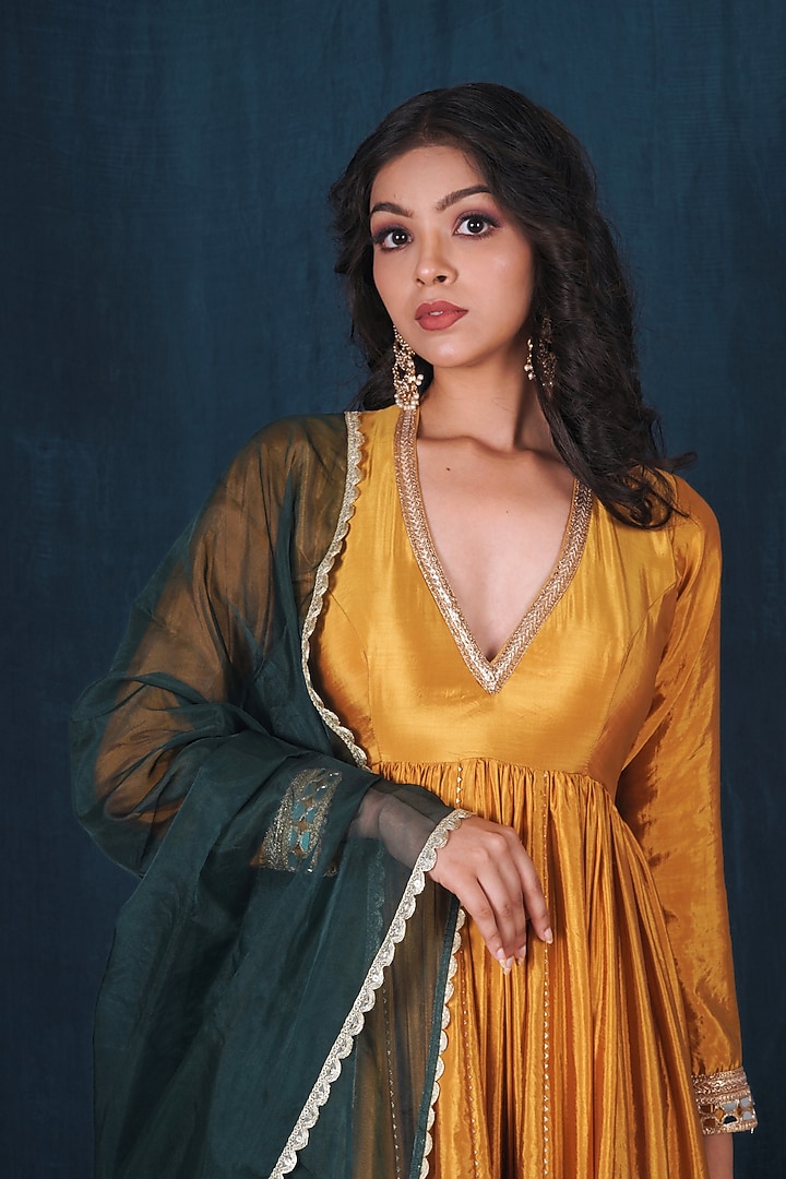 Yellow Milan Taffeta Silk Party Wear Anarkali Set by SAUBHAGYA at Pernia's Pop Up Shop