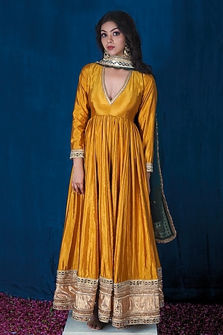 Yellow Milan Taffeta Silk Anarkali Set by SAUBHAGYA