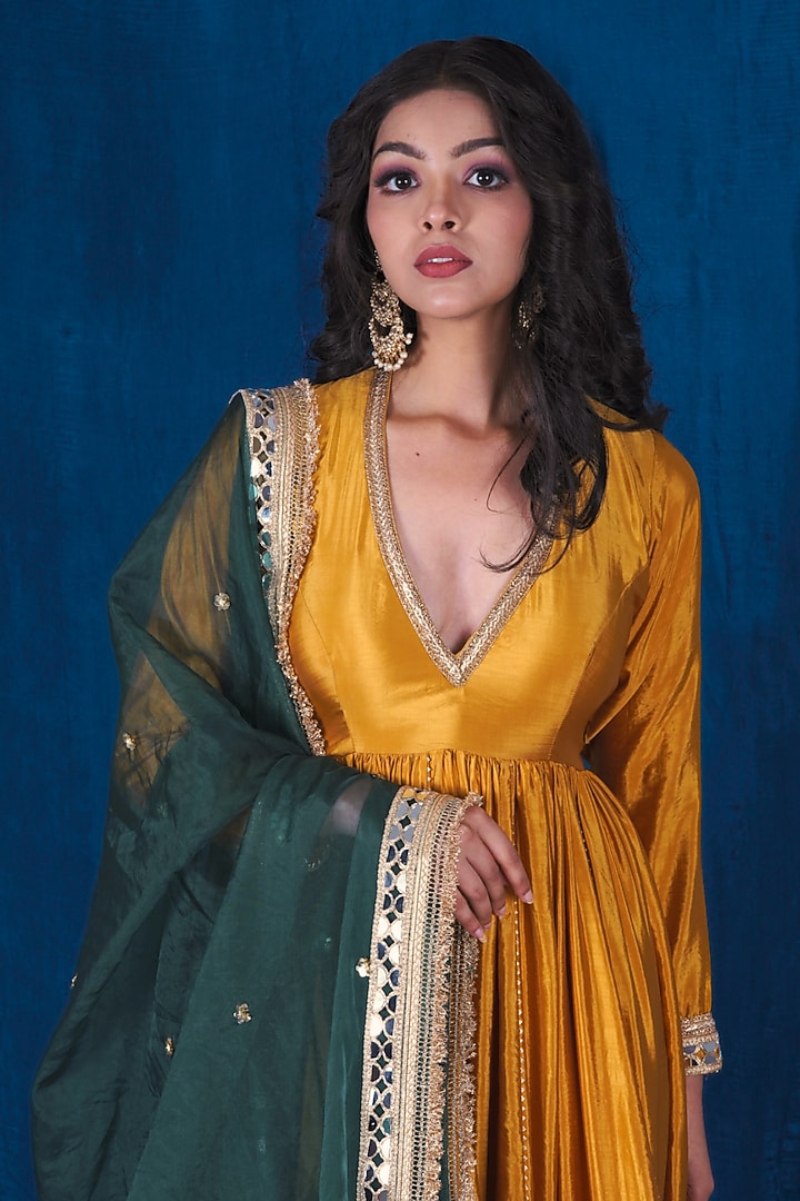 Yellow Milan Taffeta Silk Wedding Anarkali Set by SAUBHAGYA at Pernia's Pop Up Shop