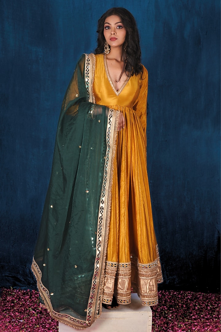 Yellow Milan Taffeta Silk Wedding Anarkali Set by SAUBHAGYA at Pernia's Pop Up Shop