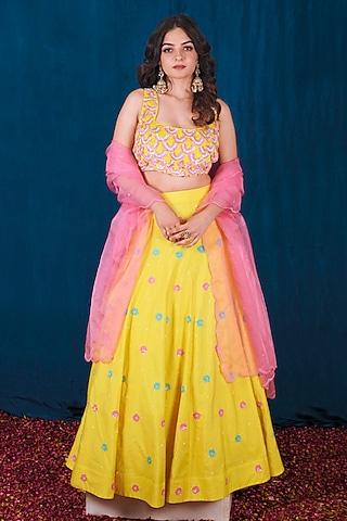 Yellow Dupion Silk Sequins Embroidered Lehenga Set by SAUBHAGYA