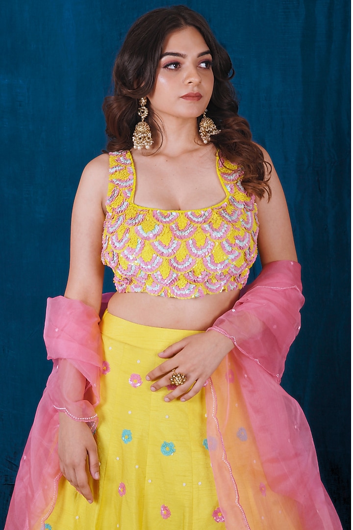 Yellow Dupion Silk Sequins Embroidered Wedding Lehenga Set by SAUBHAGYA at Pernia's Pop Up Shop
