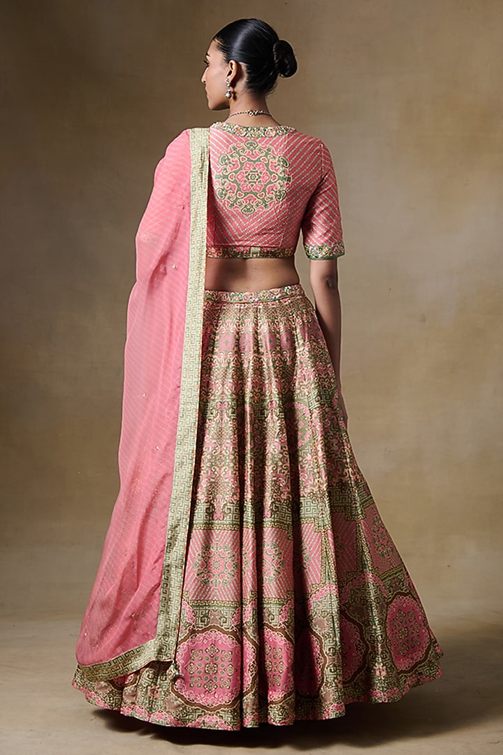 Powder Pink & Olive Green Raw Silk Gota Embroidered Lehenga Set by Saundh at Pernia's Pop Up Shop