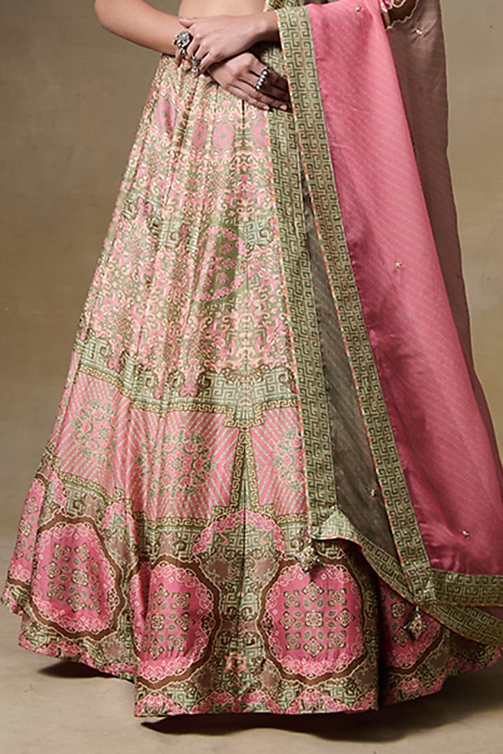 Powder Pink & Olive Green Raw Silk Gota Embroidered Lehenga Set by Saundh at Pernia's Pop Up Shop