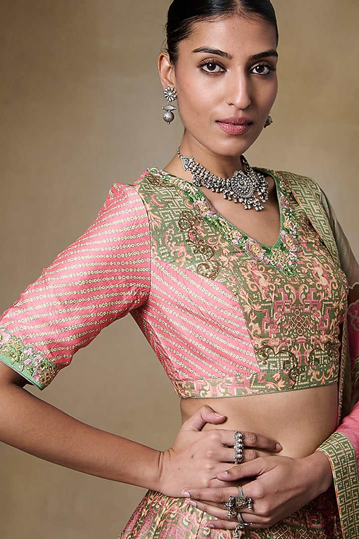Powder Pink & Olive Green Raw Silk Gota Embroidered Lehenga Set by Saundh at Pernia's Pop Up Shop