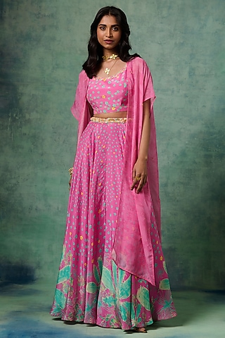 Pink Natural Crepe Floral Printed Jacket Lehenga Set by Saundh