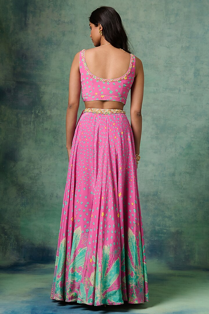 Pink Natural Crepe Floral Printed Jacket Lehenga Set by Saundh at Pernia's Pop Up Shop