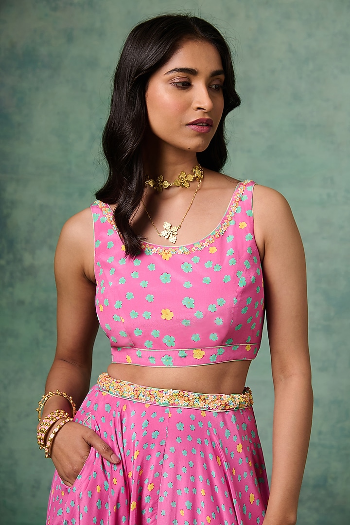 Pink Natural Crepe Floral Printed Jacket Lehenga Set by Saundh at Pernia's Pop Up Shop