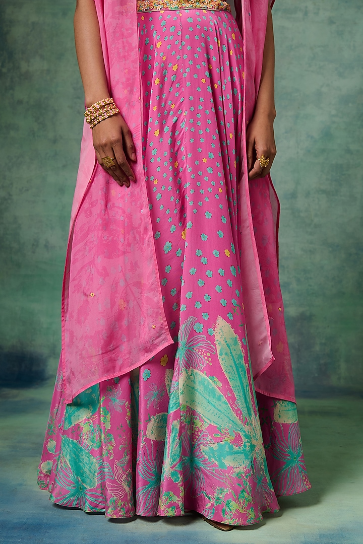 Pink Natural Crepe Floral Printed Jacket Lehenga Set by Saundh at Pernia's Pop Up Shop