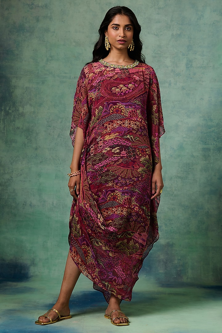 Purple Viscose Georgette Crystal Embroidered Cowl Dress by Saundh
