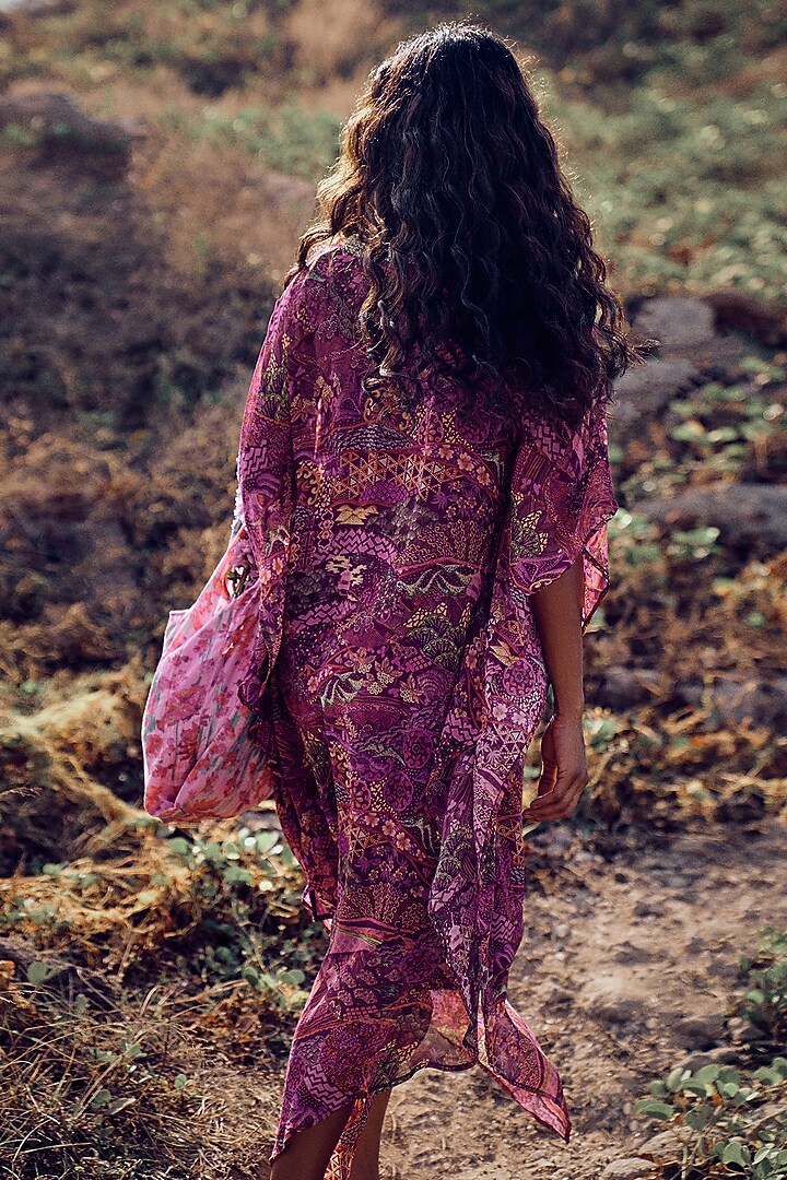 Purple Viscose Georgette Crystal Embroidered Cowl Summer Dress by Saundh at Pernia's Pop Up Shop