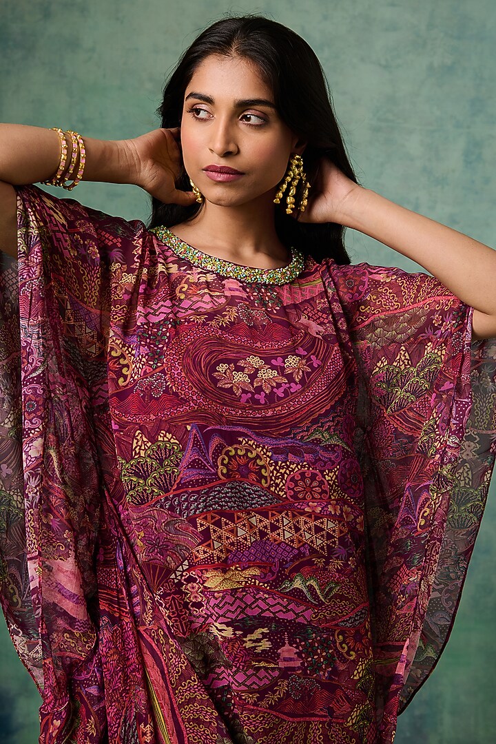 Purple Viscose Georgette Crystal Embroidered Cowl Summer Dress by Saundh at Pernia's Pop Up Shop