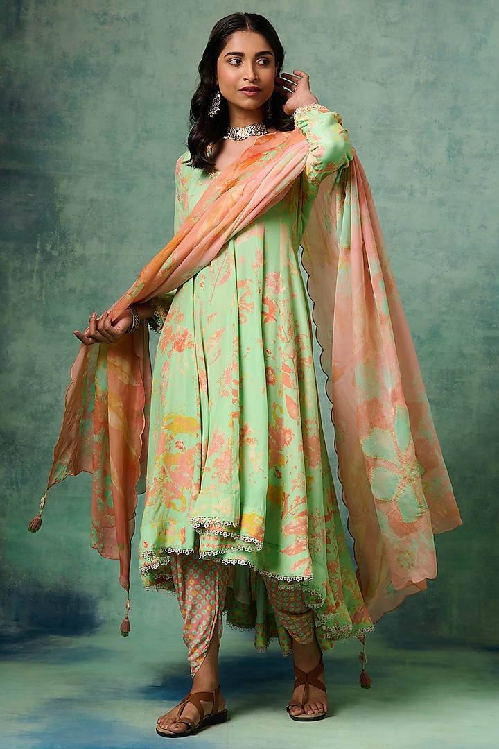 Green Dull Crepe Printed & Embroidered Kurta Set by Saundh