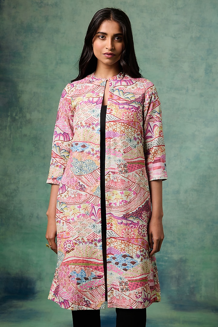White Cotton Linen Multi- Colored Printed Jacket by Saundh