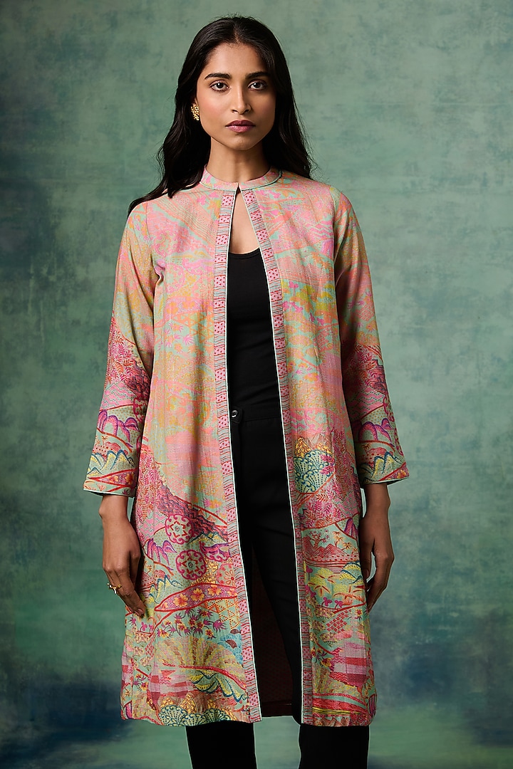Pink Cotton Linen Multi- Colored Printed Jacket by Saundh